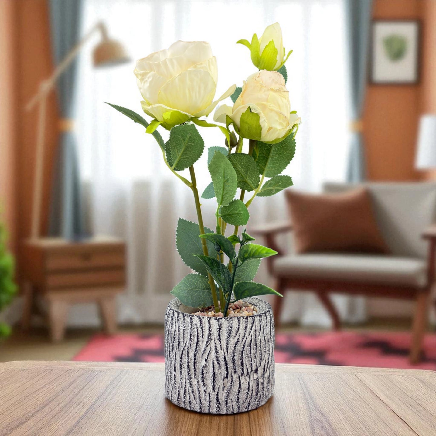 Artificial White  in Textured Ceramic Pot