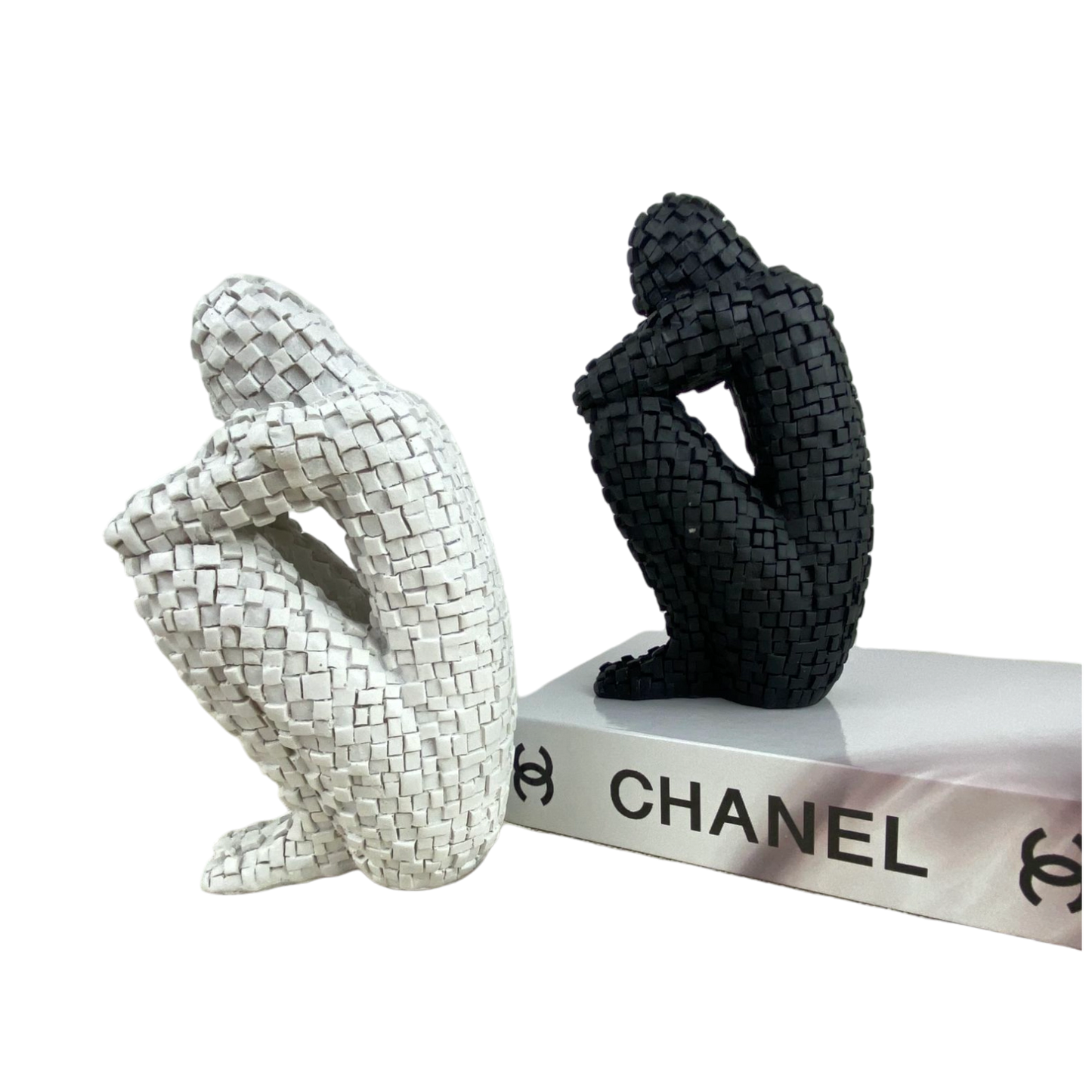 Mosaic Sitting Man Sculptures – Black & White Set