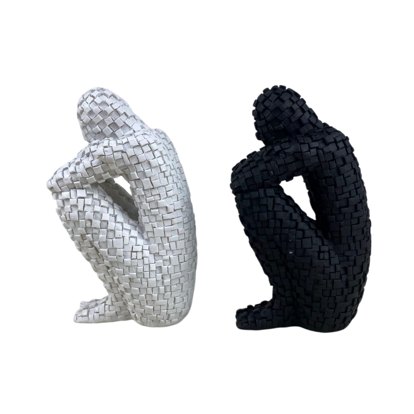 Mosaic Sitting Man Sculptures – Black & White Set