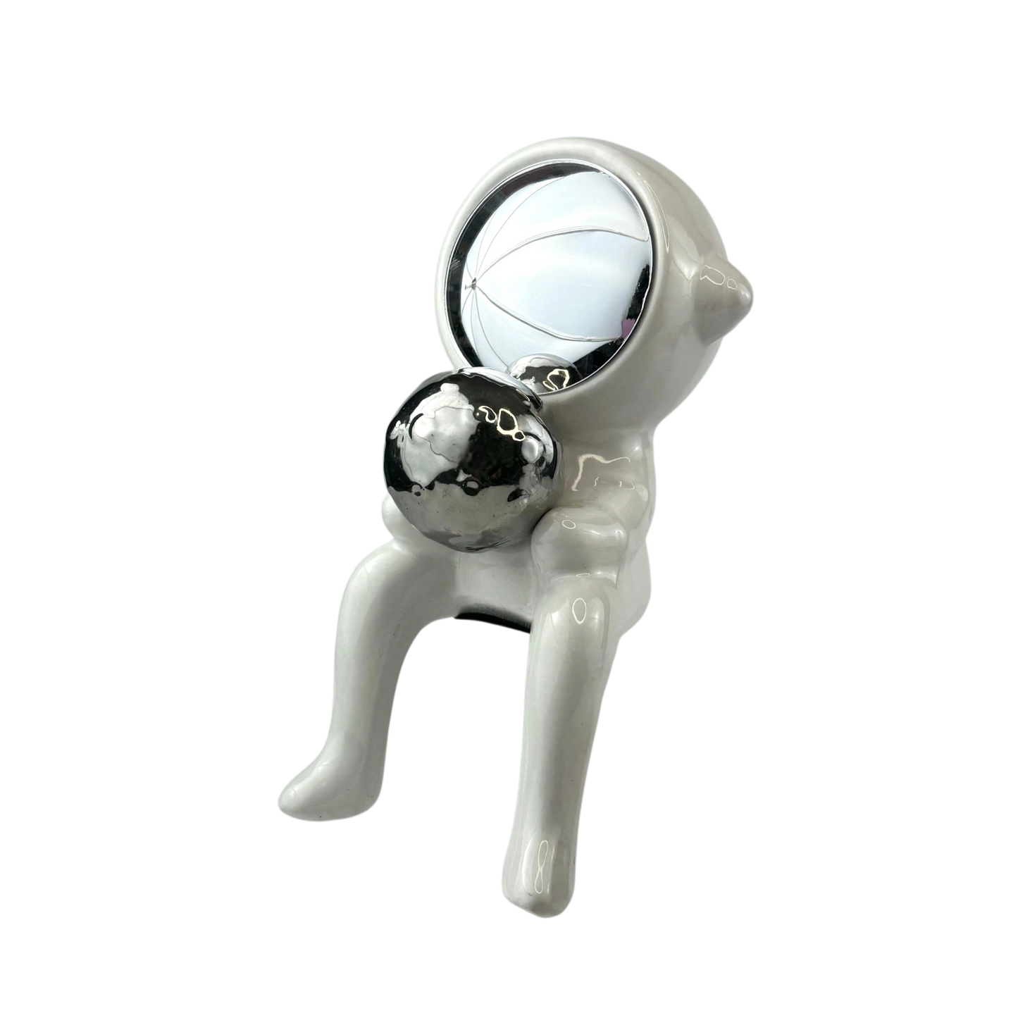 White & Chrome Seated Figurine – Abstract Decor with Sphere