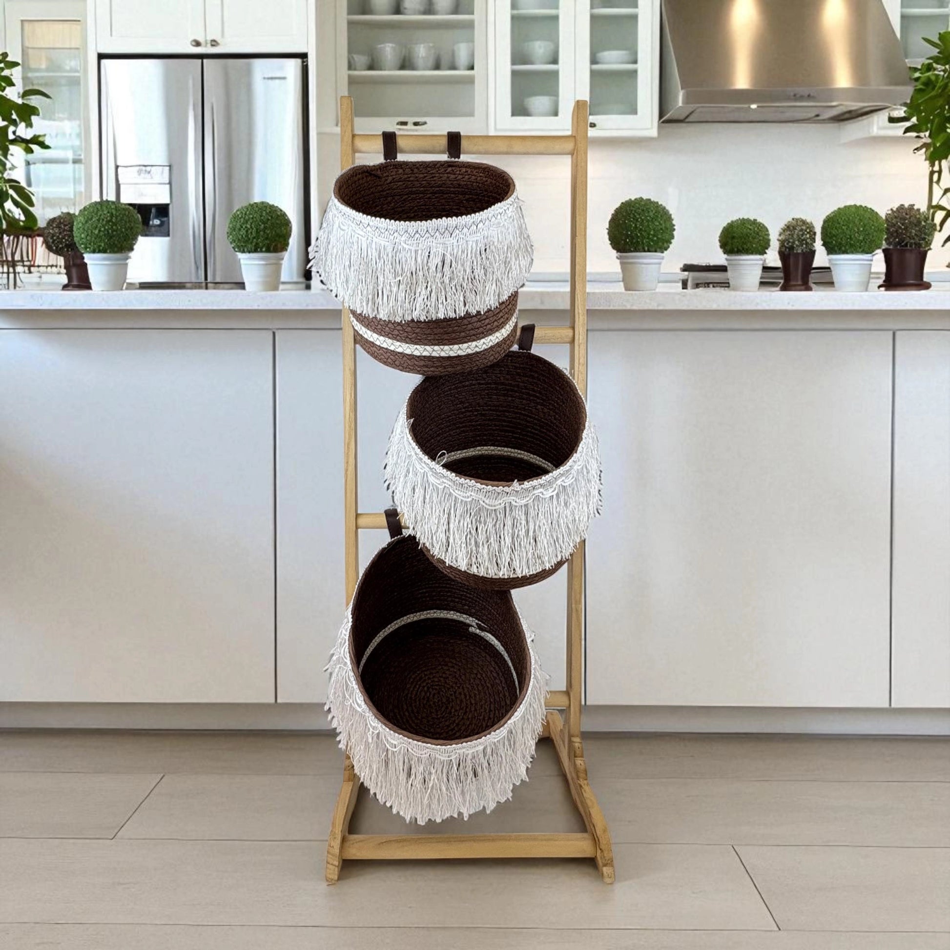 3 tier hanging plant stand 3-Tier Hanging Woven Basket Stand –Brown Boho Organizer – Kafkeer LB