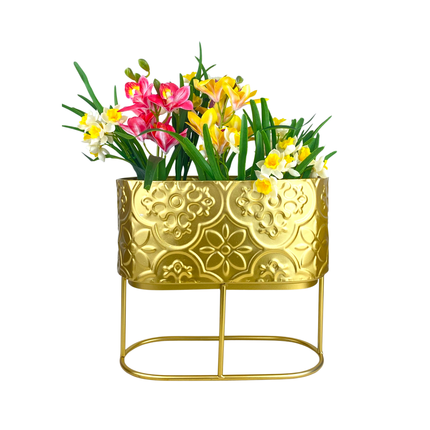 Gold Embossed Metal Planter with Stand