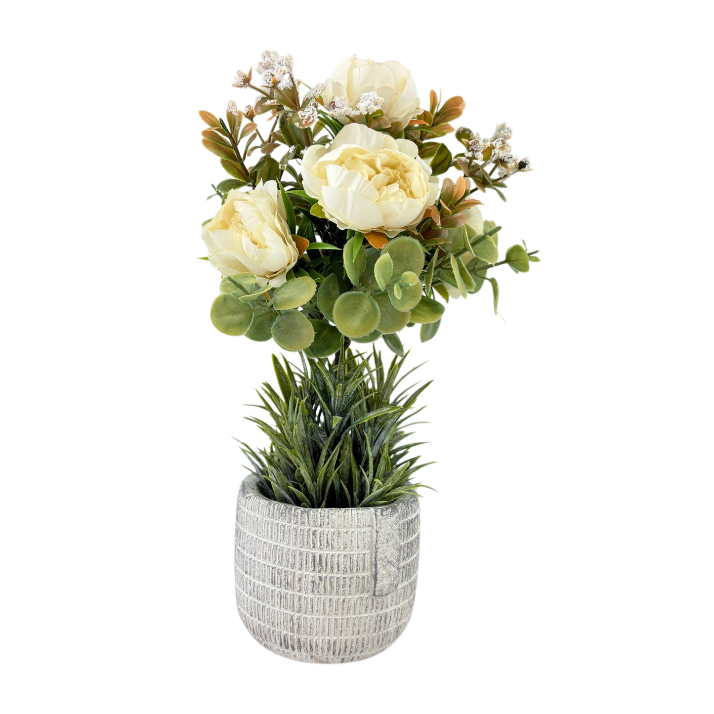 Artificial White Peony with Eucalyptus in Textured Pot