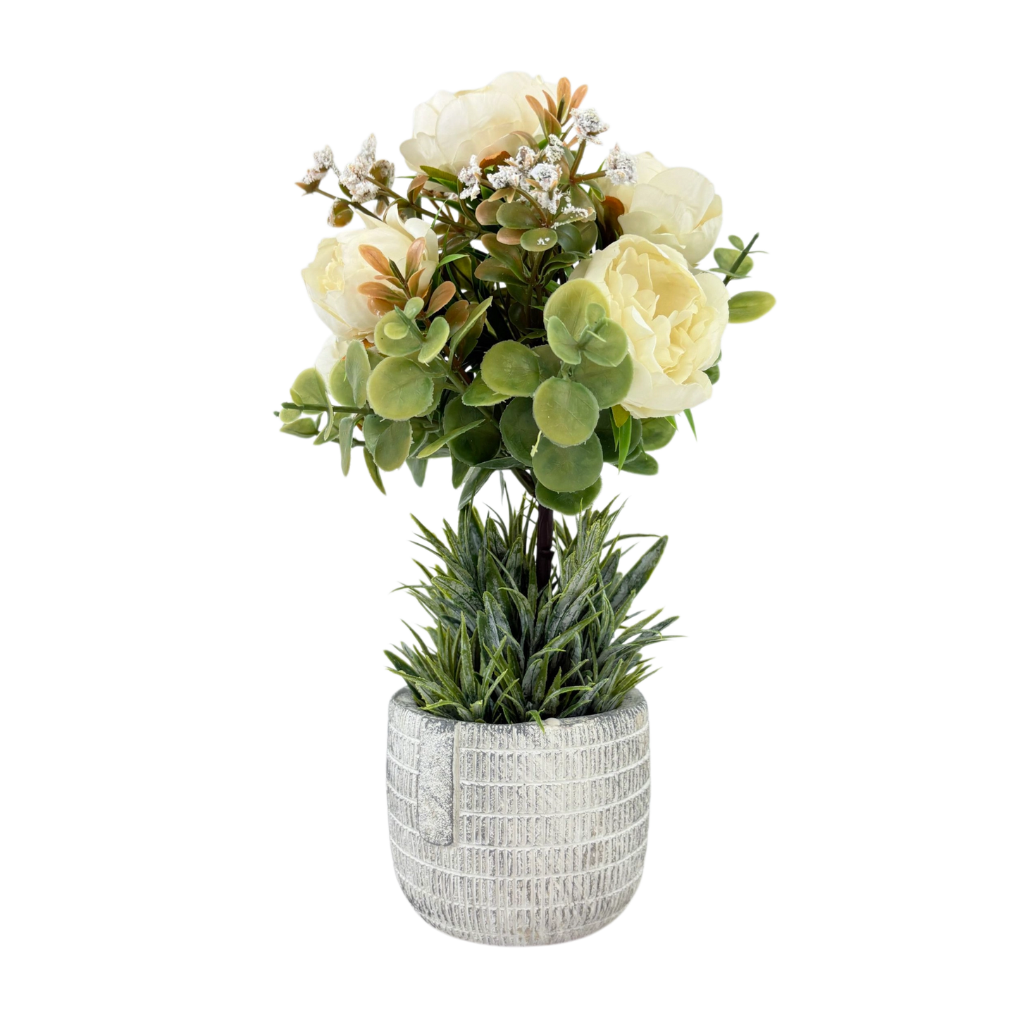 Artificial White Peony with Eucalyptus in Textured Pot