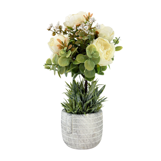 Artificial White Peony with Eucalyptus in Textured Pot