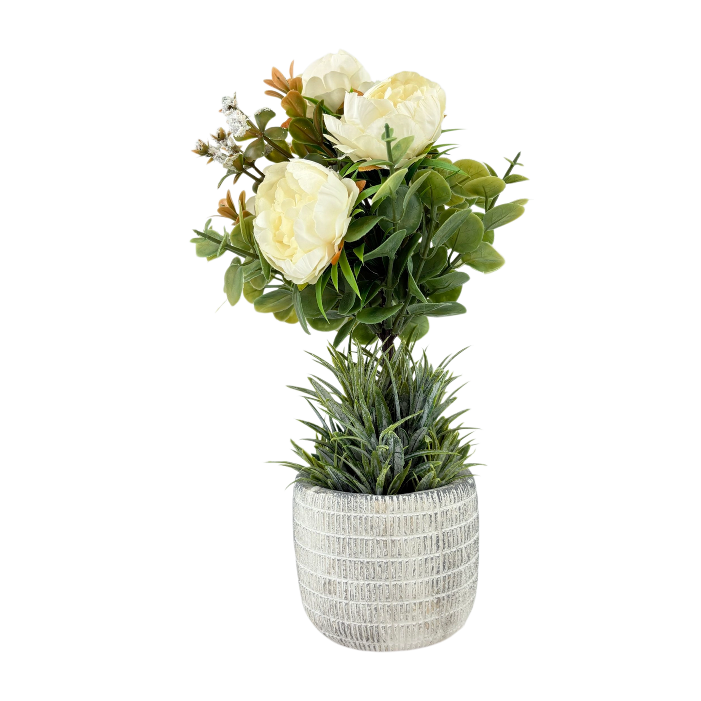 Artificial White Peony with Eucalyptus in Textured Pot