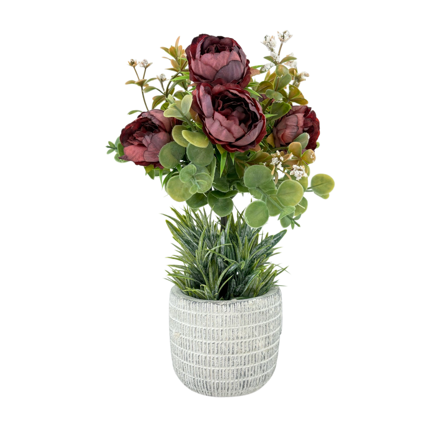 Artificial Burgundy Peony Arrangement in Textured Pot