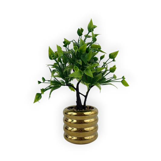 Artificial Decorative Plant in Gold Ceramic Pot – Indoor Tabletop Décor
