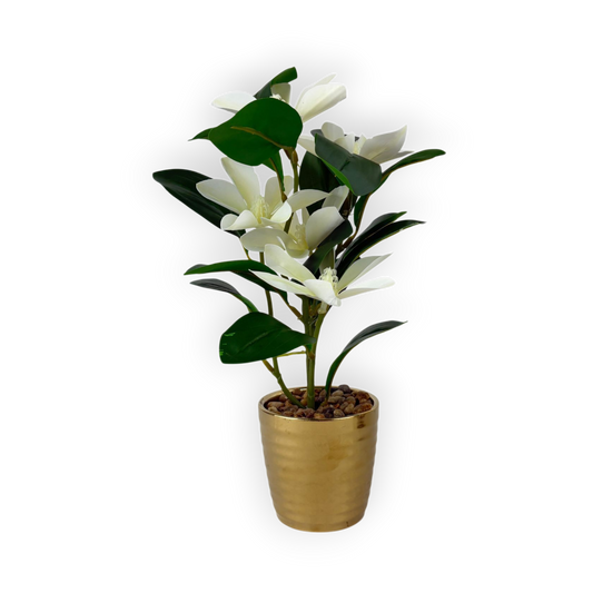 Artificial White Flower Plant in Golden Pot – Elegant Faux Potted Décor