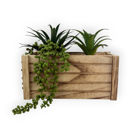 Artificial Succulent Plants in Rustic Wooden Box – Tabletop Décor