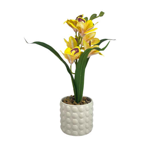 Artificial Yellow Orchid in White Ceramic Pot – Elegant Home & Office Décor