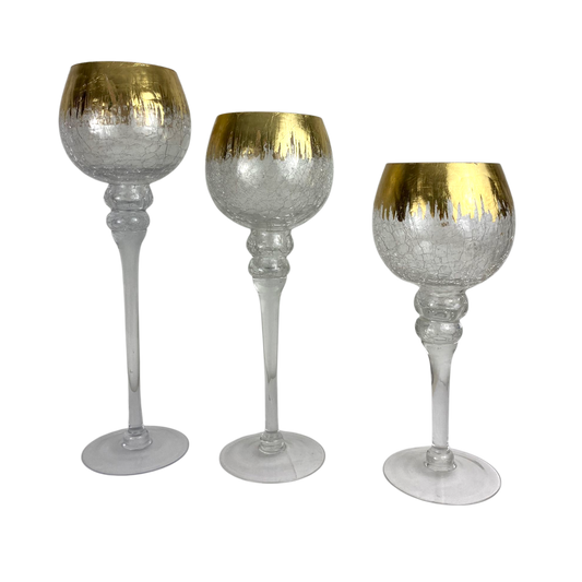 Set of 3 Tall Glass Goblets with Gold– Decorative Candle Holders
