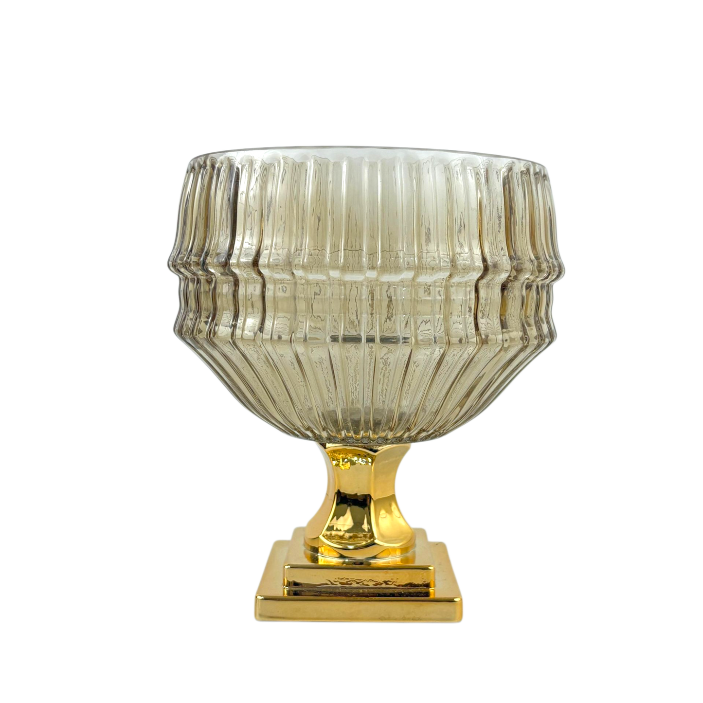 Ribbed Smoked Glass Bowl Vase with Gold Base – Luxury Centerpiece