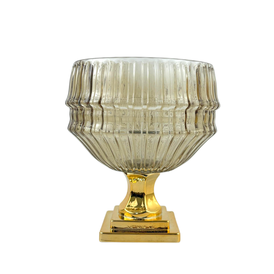 Ribbed Smoked Glass Bowl Vase with Gold Base – Luxury Centerpiece