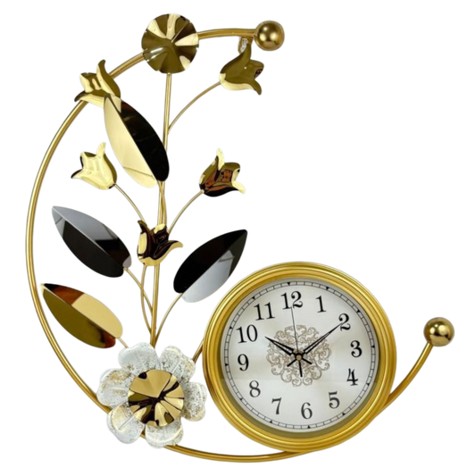 Luxury Floral Metal Wall Clock – Gold & Black Leaf Design