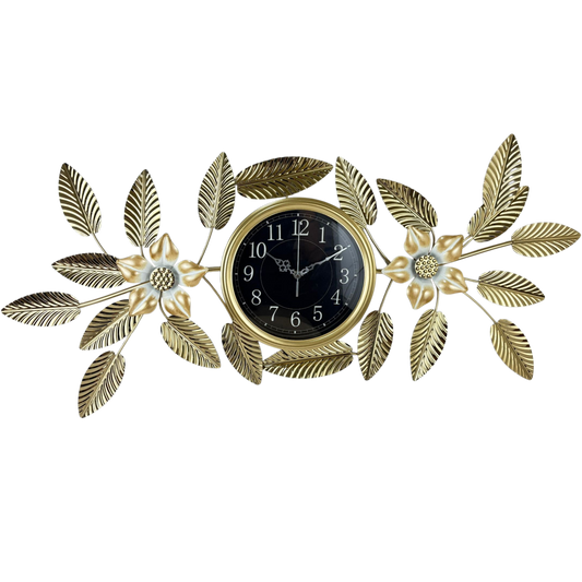 Elegant Gold Leaf Metal Wall Clock – Black Dial Floral Design