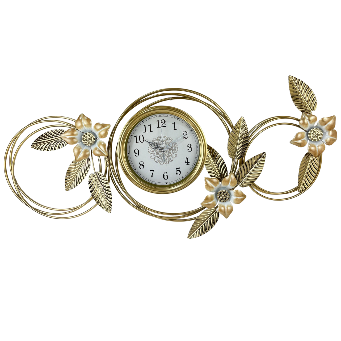 Luxury Gold Floral Metal Wall Clock – Circle Leaf Design