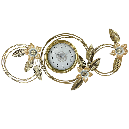 Luxury Gold Floral Metal Wall Clock – Circle Leaf Design