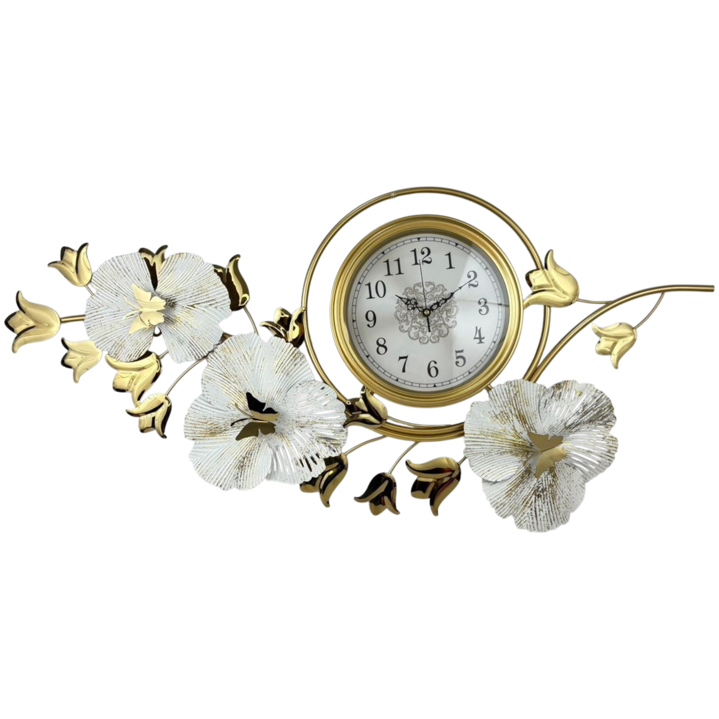 Luxury Floral Metal Wall Clock – Gold & White Leaf Design