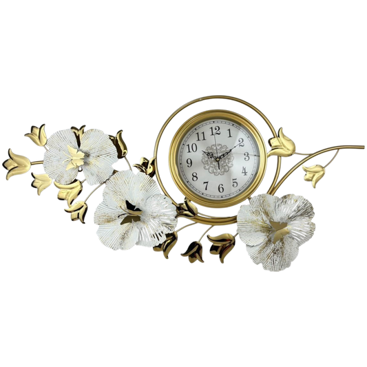 Luxury Floral Metal Wall Clock – Gold & White Leaf Design
