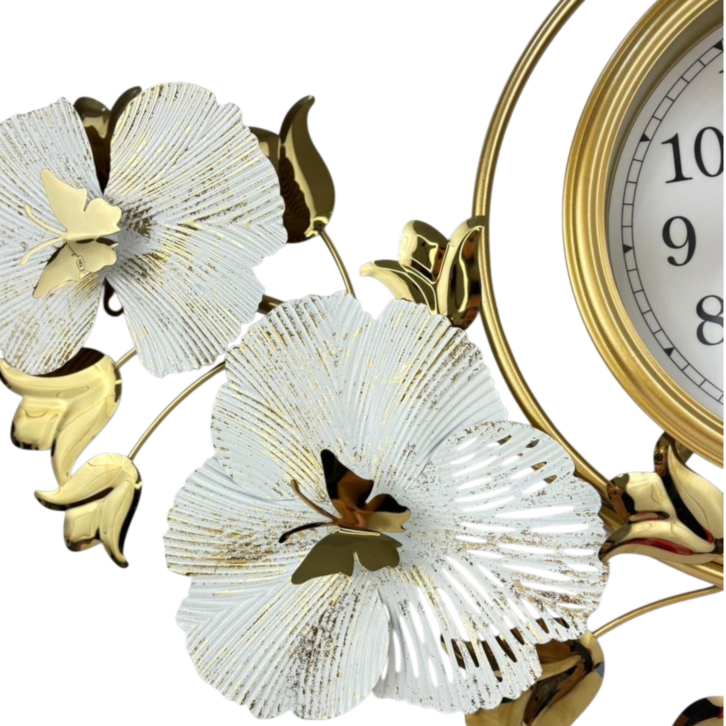 Luxury Floral Metal Wall Clock – Gold & White Leaf Design