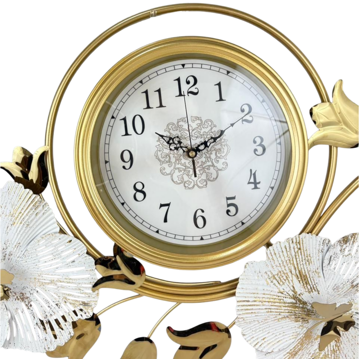 Luxury Floral Metal Wall Clock – Gold & White Leaf Design