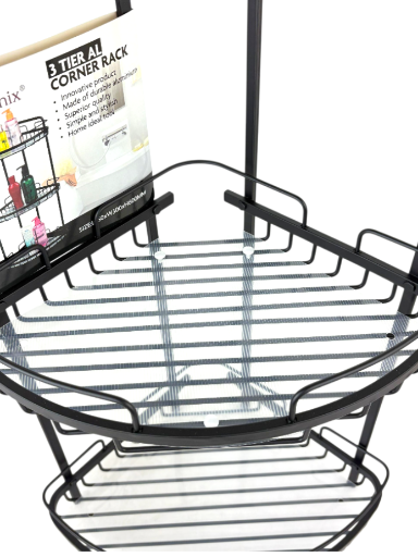 3-Tier Metal Corner Shower Rack | Tall Black Bathroom organizer stand