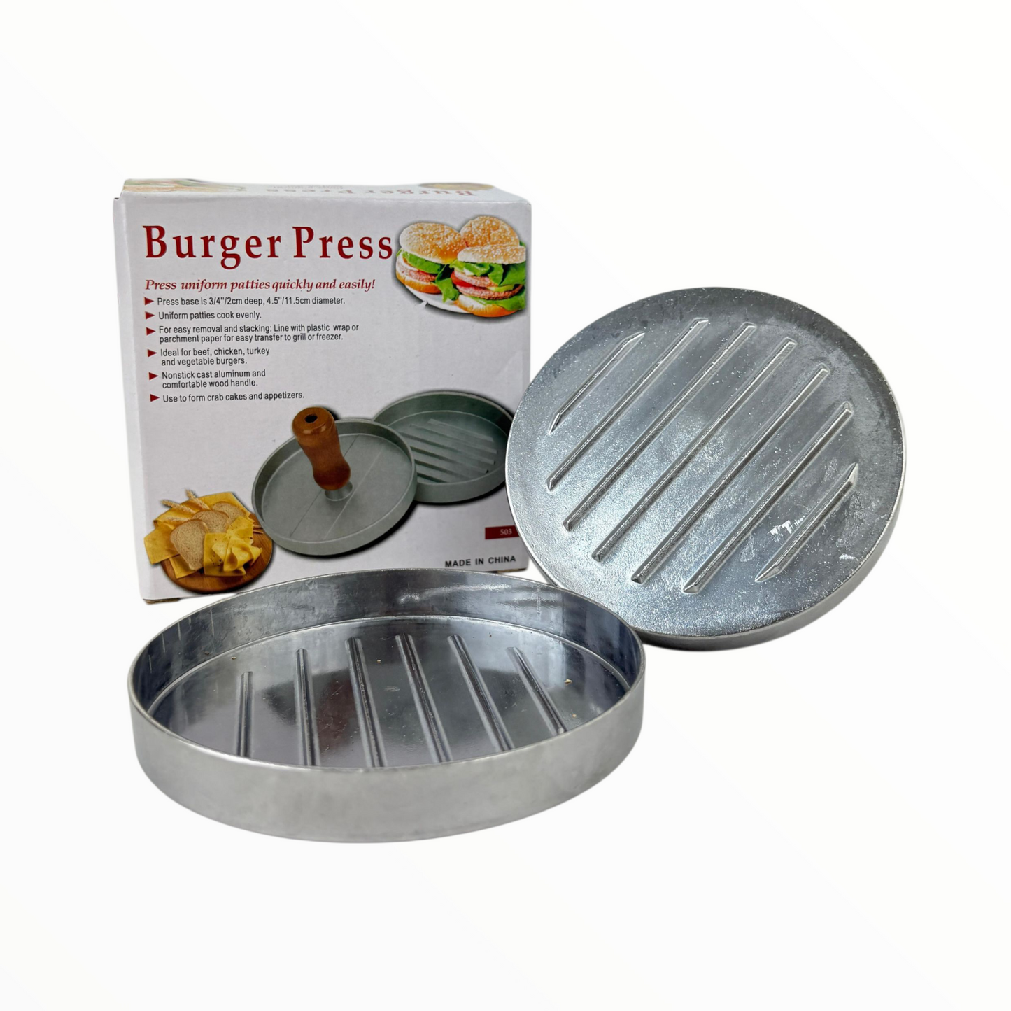 Aluminum Burger Press with Wooden Handle | Non-Stick Patty Maker Mold for homemade burgers.
