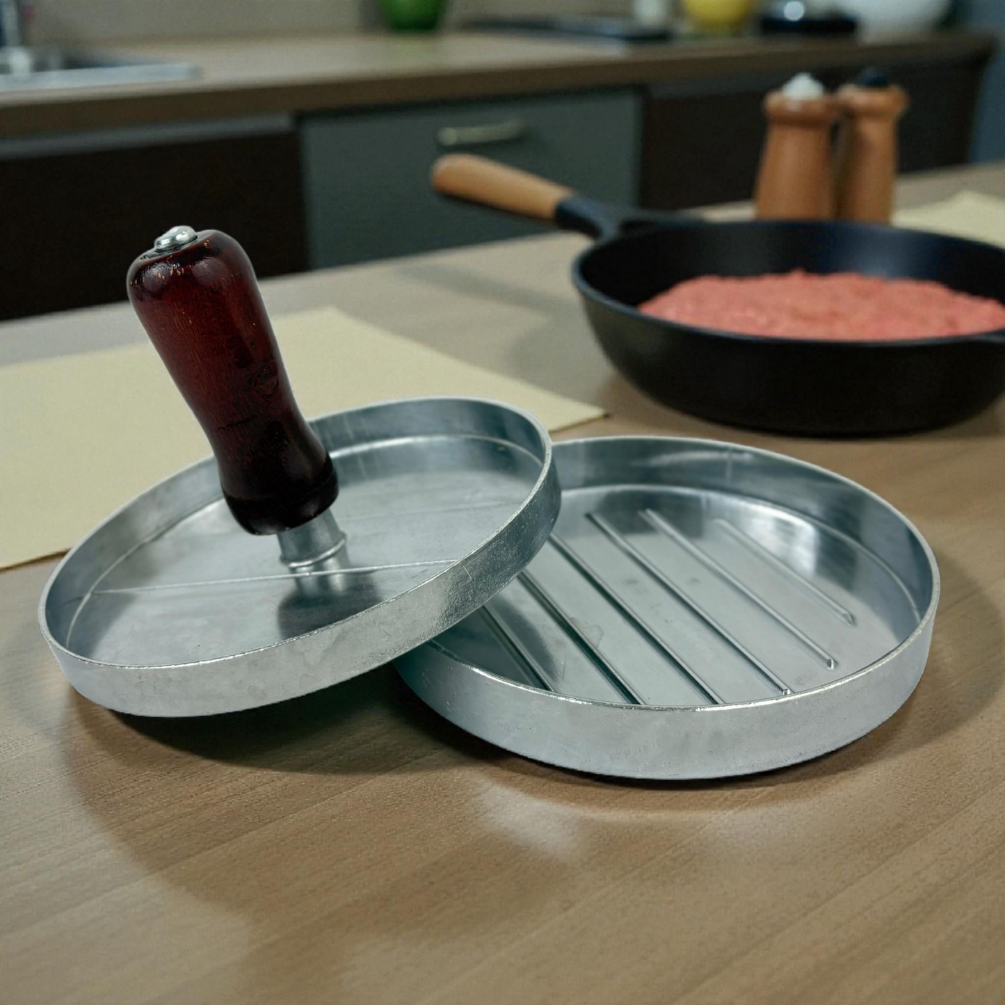 Aluminum Burger Press with Wooden Handle | Non-Stick Patty Maker Mold for homemade burgers.