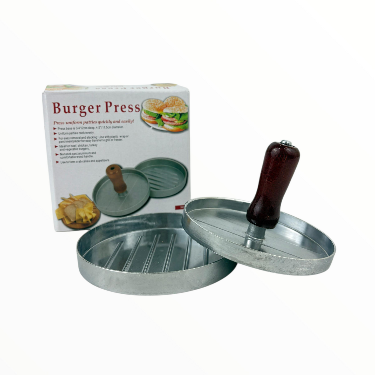 Aluminum Burger Press with Wooden Handle | Non-Stick Patty Maker Mold for homemade burgers.