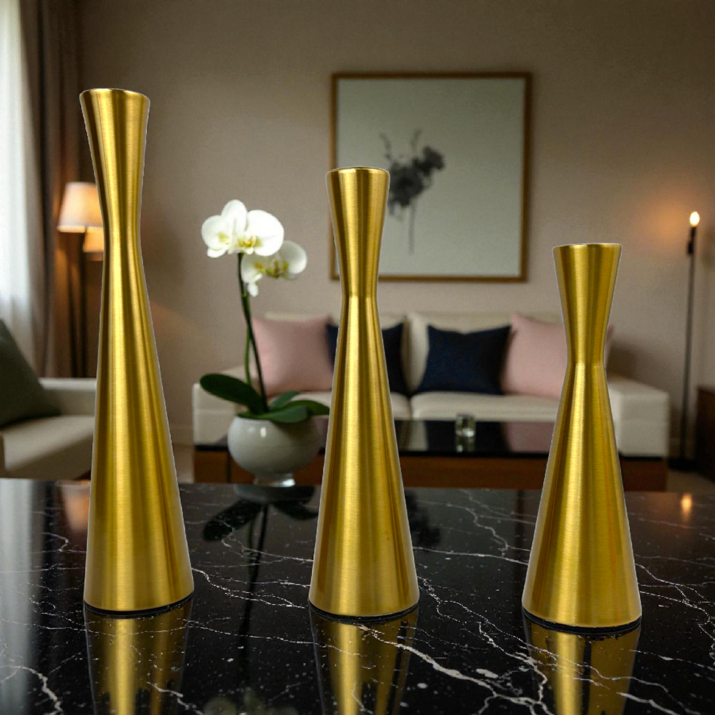 Set of 3 Gold Metal Candle Holders – Modern Minimalist Decorative Stand