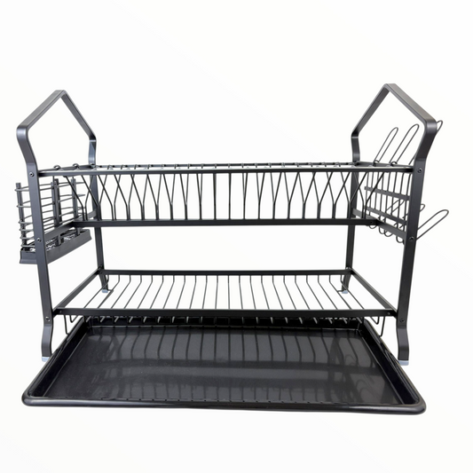 2-Tier Black Dish Drying Rack with Utensil Holder & Cup Hooks – Rust-Resistant Dish Drainer