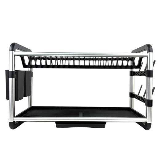 2-Tier Aluminum Dish Drying Rack with Utensil Holder & Drip Tray – Space-Saving Dish Drainer
