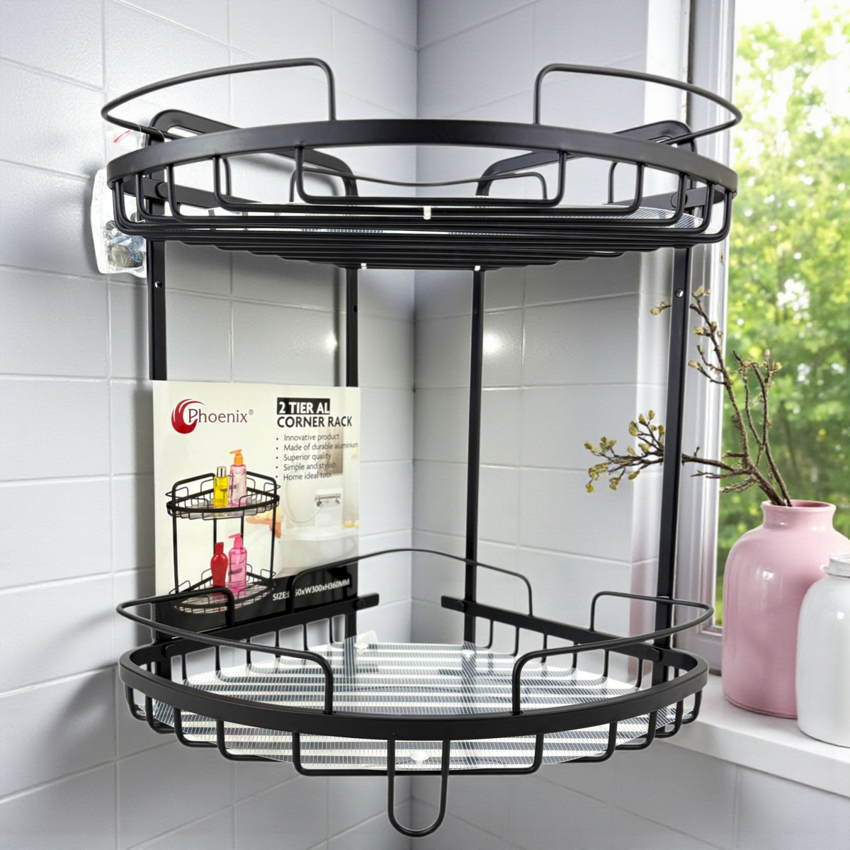 Wall-Mounted 2-Tier Aluminum Corner Rack – Bathroom & Kitchen Storage Organizer