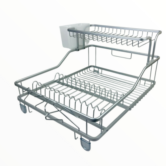 2-Tier Silver Dish Drying Rack with Utensil Holder, Cup Hooks & Drip Tray – Space-Saving Counter Organizer