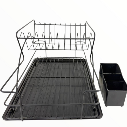 2-Tier Dark Grey Dish Drying Rack with Utensil Holder & Draining Tray – Large Capacity