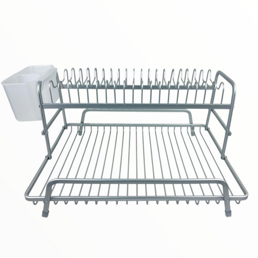 2-Tier Silver Dish Drying Rack with Utensil Holder – Rust-Resistant Metal Dish Drainer