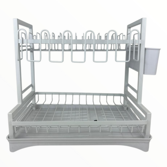 2-Tier White Dish Drying Rack with Cup Holders & Utensil Box – Draining Tray Included