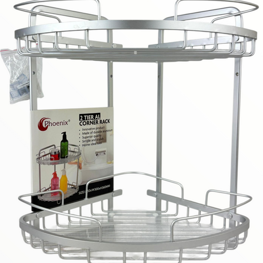 2-Tier Silver Aluminum Corner Rack – Bathroom & Kitchen Organizer