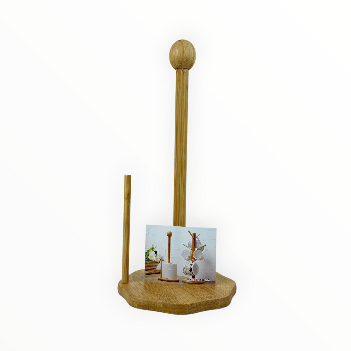 Bamboo Paper Towel Holder Stand – Kitchen Roll Dispenser with Side Bar