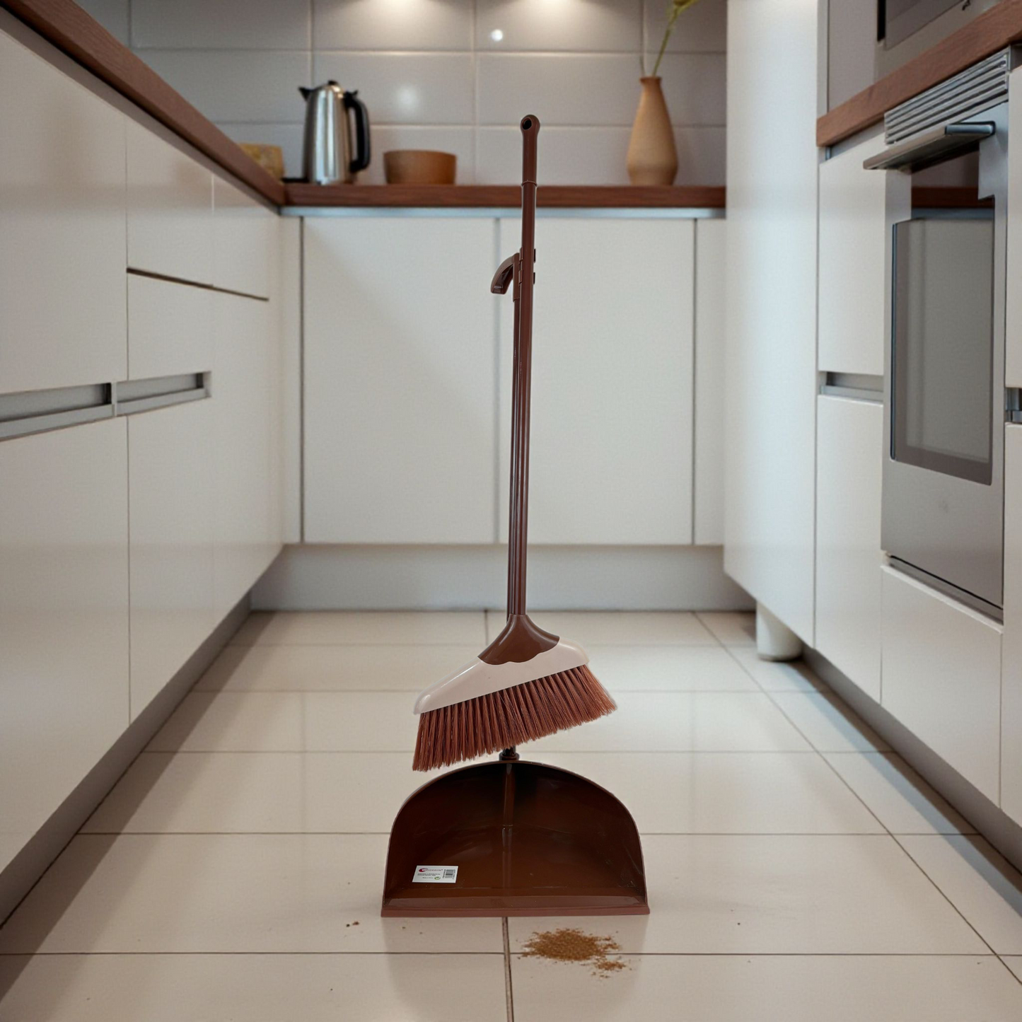 Long Handle Broom and Dustpan Set – Upright Standing Sweeping Kit for Home & Office (Brown)