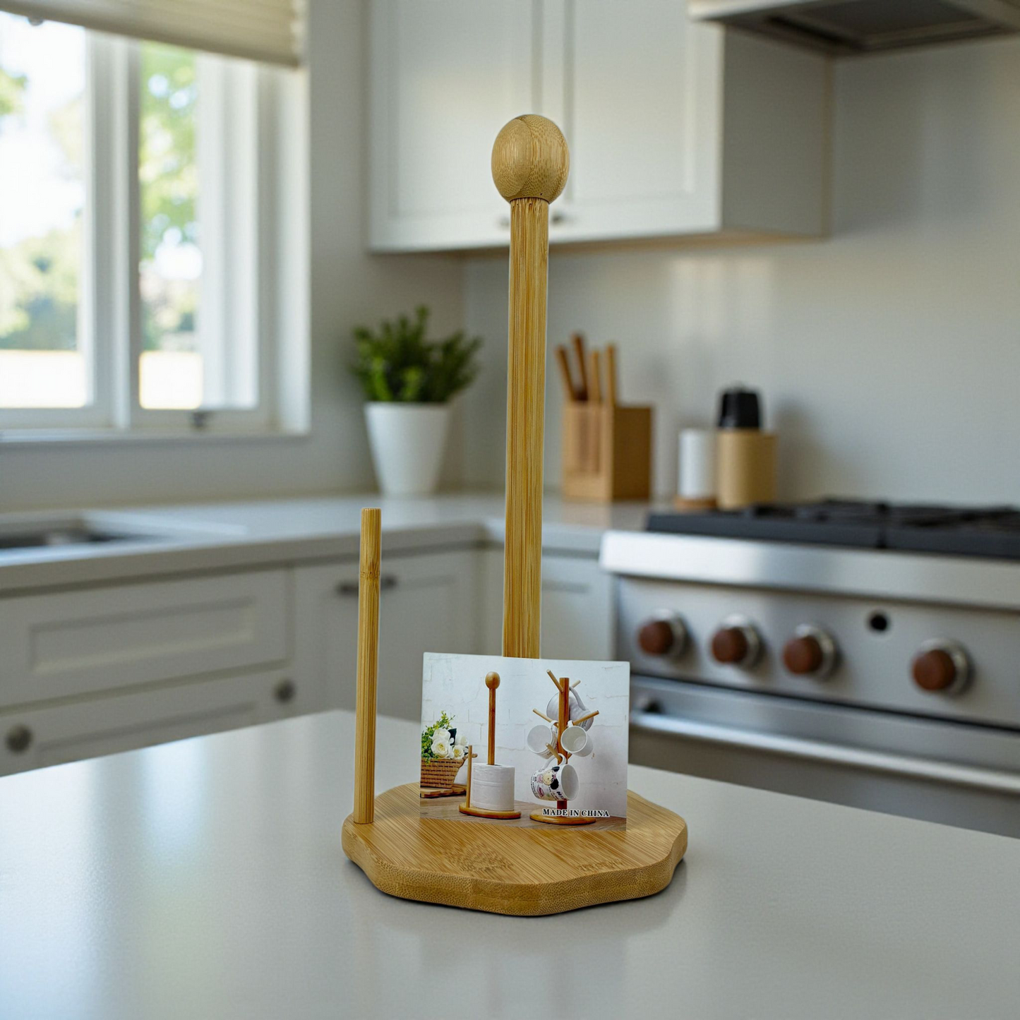 Bamboo Paper Towel Holder Stand – Kitchen Roll Dispenser with Side Bar