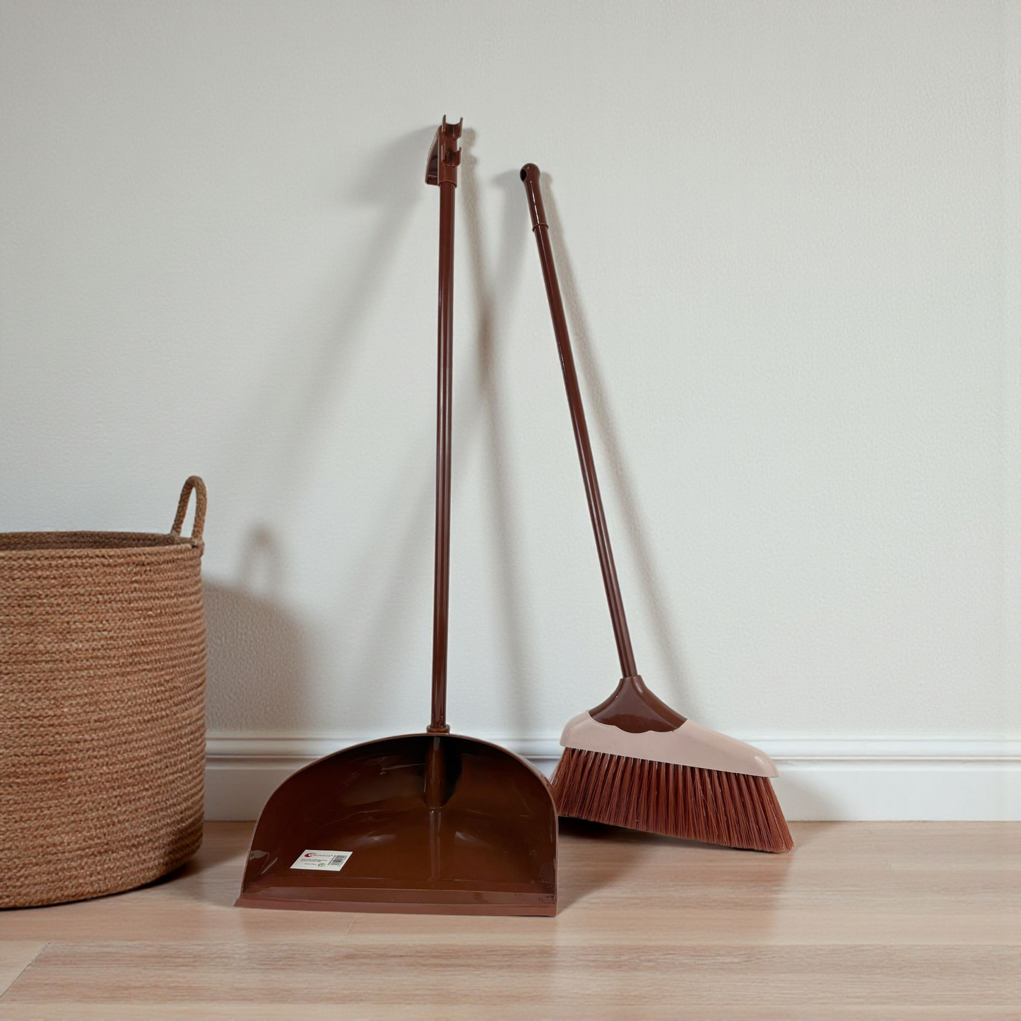 Long Handle Broom and Dustpan Set – Upright Standing Sweeping Kit for Home & Office (Brown)