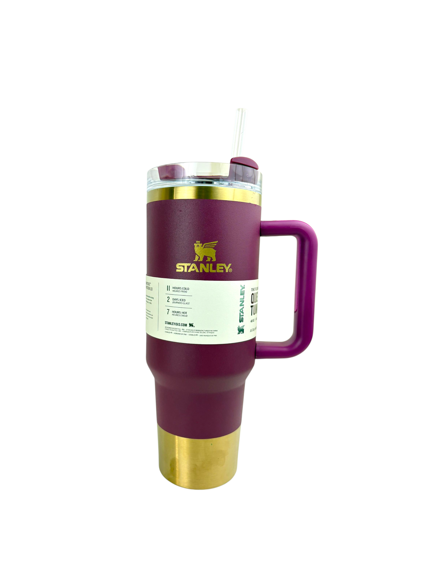 Stanley Quencher Tumbler – 1.2L Stainless Steel Insulated Travel Mug with Straw & Handle (Purple Gold)