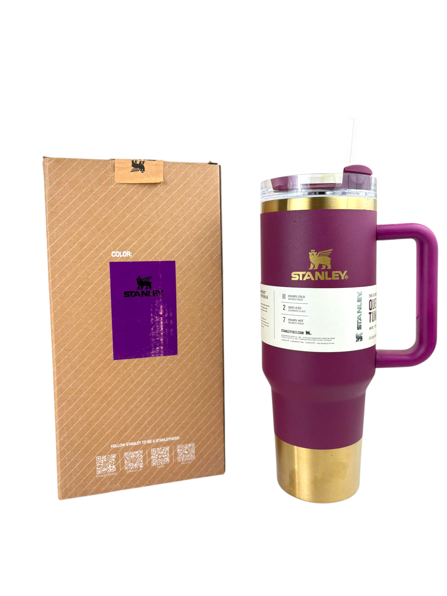 Stanley Quencher Tumbler – 1.2L Stainless Steel Insulated Travel Mug with Straw & Handle (Purple Gold)