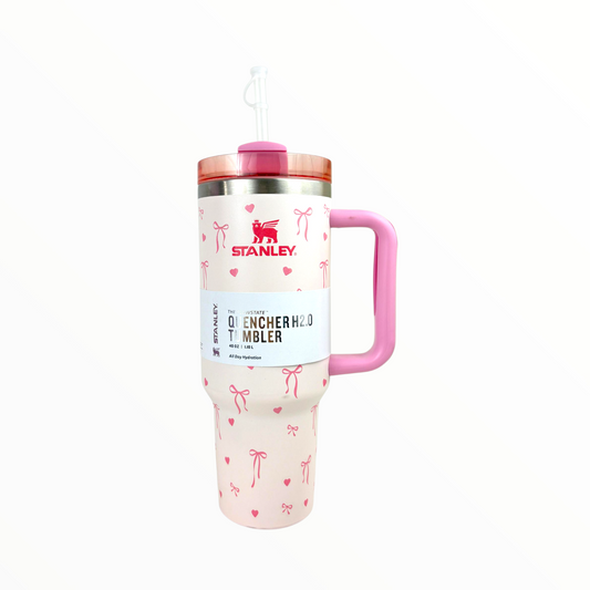 Stanley Quencher Pink Hearts Edition – 1.2L Stainless Steel Insulated Tumbler with Handle & Straw (Romantic Design)
