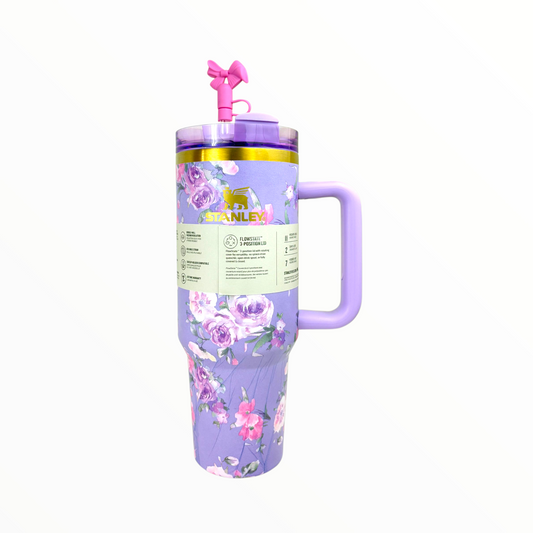 Stanley Quencher Purple Floral Edition – 1.2L Stainless Steel Insulated Tumbler with Handle & Straw (Elegant Flower Design)