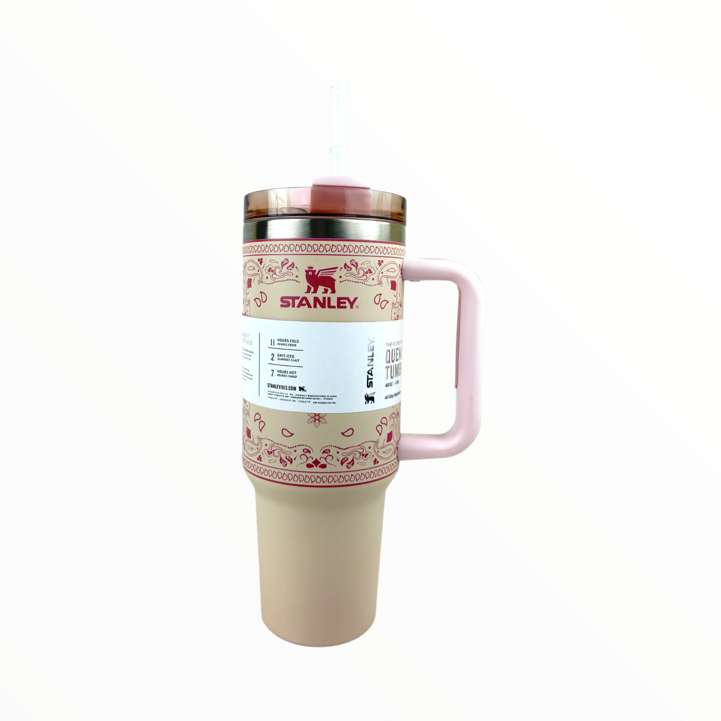 Stanley Quencher Beige Bandana Edition – 1.2L Stainless Steel Insulated Tumbler with Handle & Straw (Paisley Design)