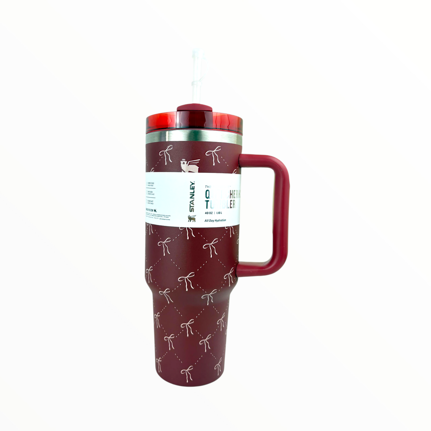 Stanley Quencher Maroon Bow Edition – 1.2L Stainless Steel Insulated Tumbler with Handle & Straw (Elegant Ribbon Design)