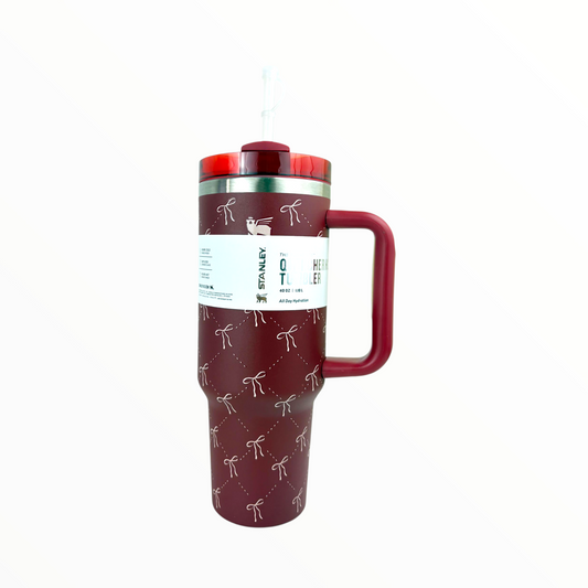 Stanley Quencher Maroon Bow Edition – 1.2L Stainless Steel Insulated Tumbler with Handle & Straw (Elegant Ribbon Design)